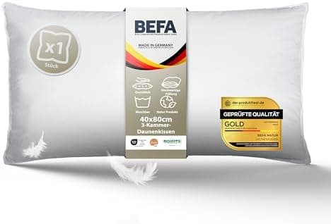 BEFA NATUR Allergiker geeignet 3-Kammer Daunenkissen 550g Füllgewicht 50x50 cm | Tierwohl Oeko-TEX Klasse 1 Made in Germ