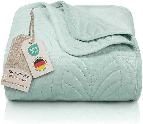 Gräfenstayn Premium Tagesdecke Anthrazit - weich, knitterfrei & pflegeleicht - Nahtlose Steppung & Blatt-Design - Bett &