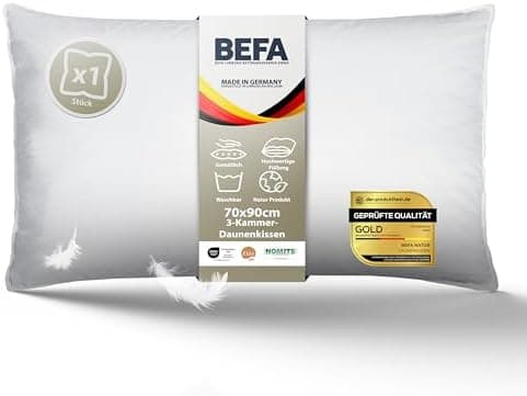 BEFA NATUR Allergiker geeignet 3-Kammer Daunenkissen 550g Füllgewicht 50x50 cm | Tierwohl Oeko-TEX Klasse 1 Made in Germ