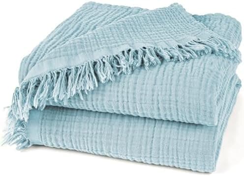 Oeko-Tex zertifizierte Musselin Tagesdecke 220x240cm Hellblau | Couch- & Sofadecke XXL | Baumwolle Qualität