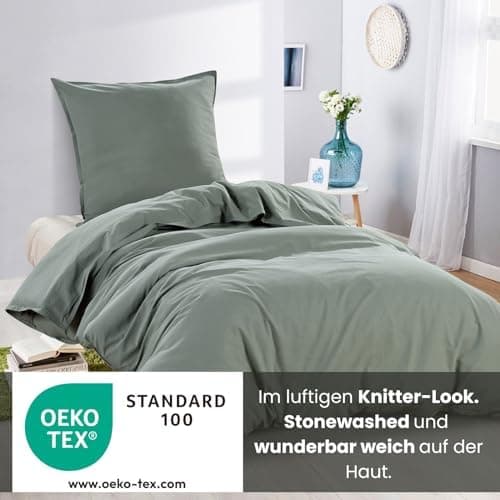 Wometo Bettwäsche Renforce Stone-Washed - Curry Gelb 100% Baumwolle OEKO-TEX Weich Modern Used-Look Leinen-Optik OEKO-TE