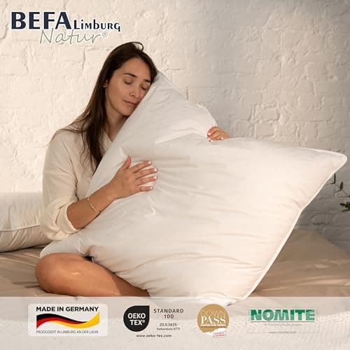 BEFA NATUR Allergiker geeignet 3-Kammer Daunenkissen 550g Füllgewicht 50x50 cm | Tierwohl Oeko-TEX Klasse 1 Made in Germ