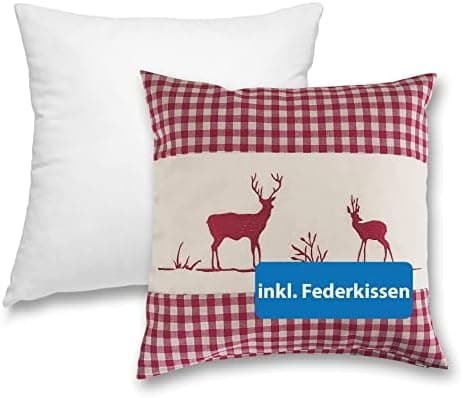 OekoTex Zierkissen 40x40 - Landhaus-Stil Dekokissen mit Reißverschluss, Herzrot karieret, Heller Hintergrund, OEKO-TEX S
