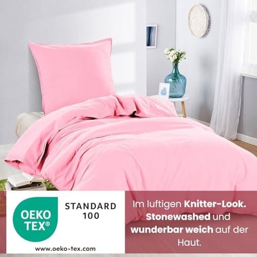 Wometo Bettwäsche Renforce Stone-Washed - Curry Gelb 100% Baumwolle OEKO-TEX Weich Modern Used-Look Leinen-Optik OEKO-TE