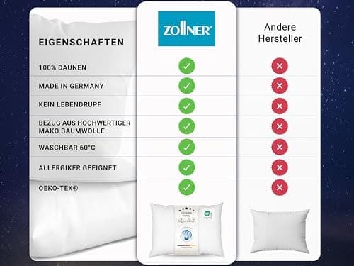 ZOLLNER Deluxe Daunenkissen - Hotelqualität – für Allergiker geeignet – Made in Germany - 40x40 cm - OEKO-TEX STANDARD 1