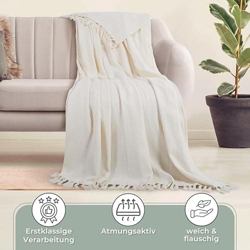 Gräfenstayn Premium Baumwolltagesdecke Creme - 100% Baumwolle - Sommerdecke - Fischgrätenmuster - Bett- und Couch-Überwu