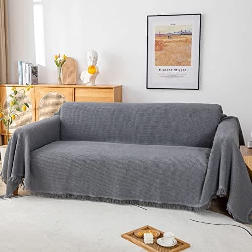 GAOWEI Premium Tagesdecke Grau - Multiwertige Sofa Cover 180x230cm - Dekorative Fransen, Groß Waffelmuster, als Bett- un