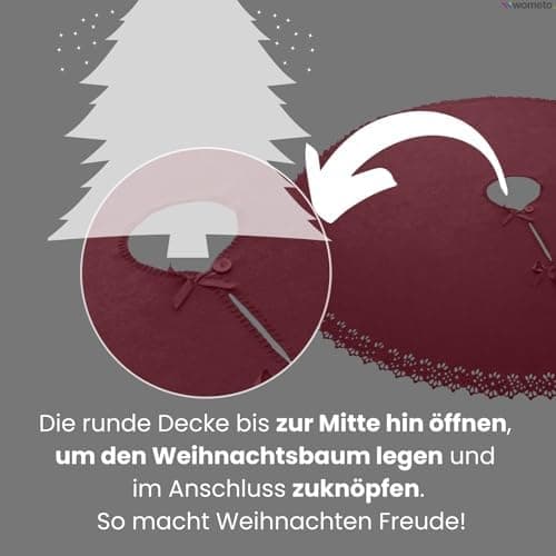 Christbaumdecke Wometo Ø 120 cmGrün – Satinbänder & Knöpfe – Romantisches Landhaus-Muster – Fleece, OEKO-TEX