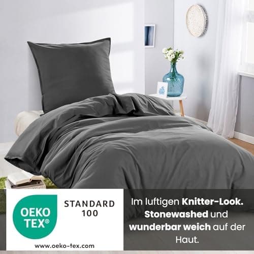 Wometo Bettwäsche Renforce Stone-Washed - Curry Gelb 100% Baumwolle OEKO-TEX Weich Modern Used-Look Leinen-Optik OEKO-TE