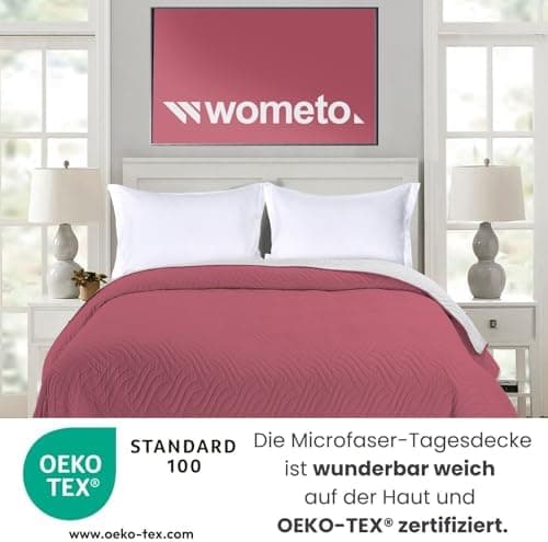 Wometo OekoTex Tagesdecke 220x240 cm gesteppt Wattiert Wende-Design XXL Bettüberwurf