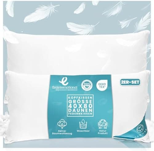 Federnkissen 40x80 2er Set 850g | Öko-Tex Zertifiziert - 100% natürliche Federfüllung, Baumwollbezug OEKO-TEX