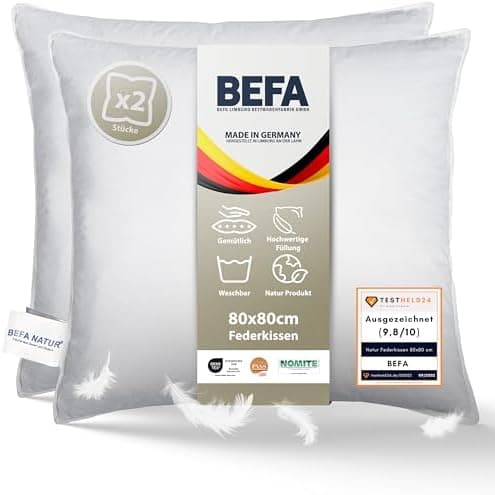 BEFA NATUR Federkissen 80x80 cm (2 Stück) | 100% Federn | Tierwohl zertifiziert | Allergiker geeignet | OEKO-TEX Klasse