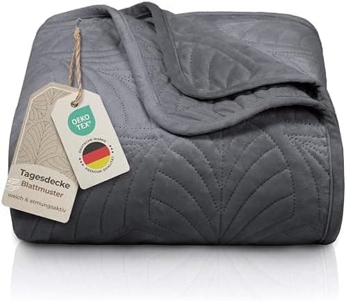 Gräfenstayn Premium Tagesdecke Anthrazit - weich, knitterfrei & pflegeleicht - Nahtlose Steppung & Blatt-Design - Bett &
