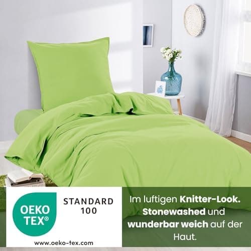 Wometo Bettwäsche Renforce Stone-Washed - Curry Gelb 100% Baumwolle OEKO-TEX Weich Modern Used-Look Leinen-Optik OEKO-TE