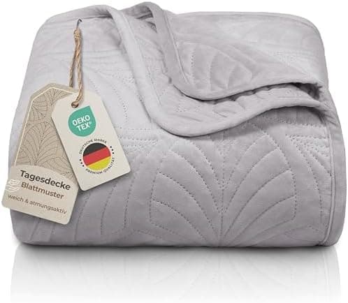 Gräfenstayn Premium Tagesdecke Anthrazit - weich, knitterfrei & pflegeleicht - Nahtlose Steppung & Blatt-Design - Bett &