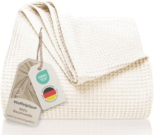 LAYNENBURG Premium Sommerdecke 150 x 200 cm - Waffelpique 100% Baumwolle - Creme OEKO-TEX STANDARD 100