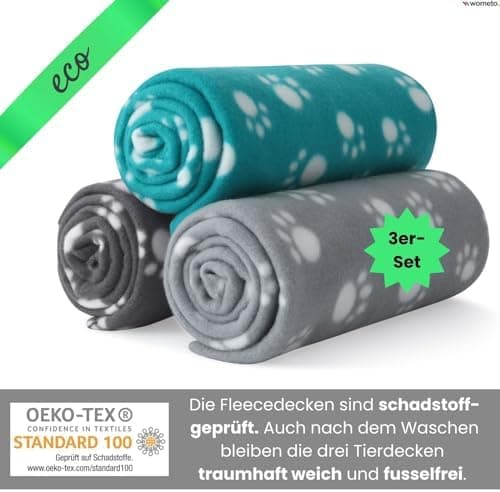 Wometo eco Tierdecke 3er-Set 100% recyceltes Material Oeko-TEX geprüft 70x100 cm grau, dunkelgrau und türkis OEKO-TEX ST