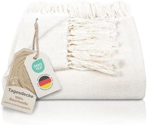 Gräfenstayn Premium Baumwolltagesdecke Creme - 100% Baumwolle - Sommerdecke - Fischgrätenmuster - Bett- und Couch-Überwu