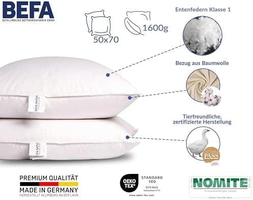 BEFA NATUR Federkissen 40x80 cm extra fest für Allergiker | Kopfkissen Set 100% Federn | 1500g Füllgewicht/Stück | Tierw