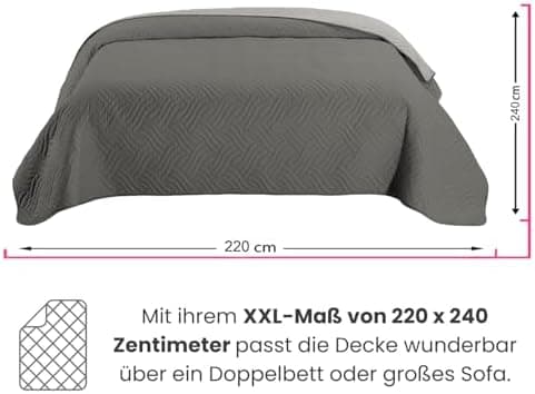 Wometo OekoTex Tagesdecke 220x240 cm gesteppt Wattiert Wende-Design XXL Bettüberwurf