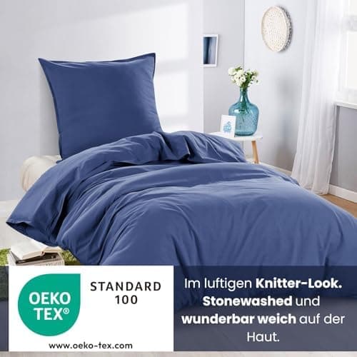 Wometo Bettwäsche Renforce Stone-Washed - Curry Gelb 100% Baumwolle OEKO-TEX Weich Modern Used-Look Leinen-Optik OEKO-TE