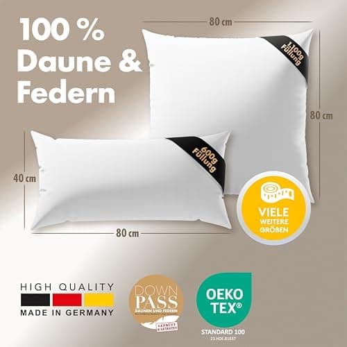 Lilenno Home 3-Kammer Daunenkissen 40x80 - Allergiker geeignet - langlebiges Kopfkissen mit Daunen- und Federn-Füllung