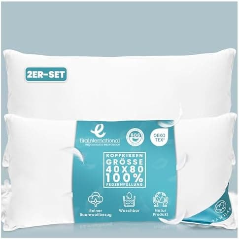 Federnkissen 40x80 2er Set 850g | Öko-Tex Zertifiziert - 100% natürliche Federfüllung, Baumwollbezug OEKO-TEX
