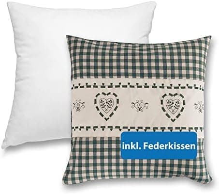OekoTex Zierkissen 40x40 - Landhaus-Stil Dekokissen mit Reißverschluss, Herzrot karieret, Heller Hintergrund, OEKO-TEX S