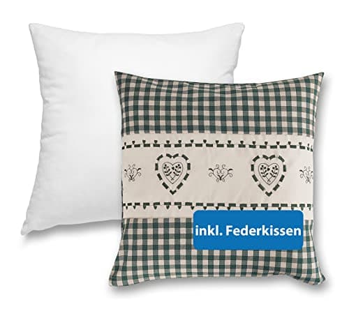 OekoTex Zierkissen 40x40 - Landhaus-Stil Dekokissen mit Reißverschluss, Herzrot karieret, Heller Hintergrund, OEKO-TEX S