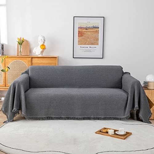 GAOWEI Premium Tagesdecke Grau - Multiwertige Sofa Cover 180x230cm - Dekorative Fransen, Groß Waffelmuster, als Bett- un