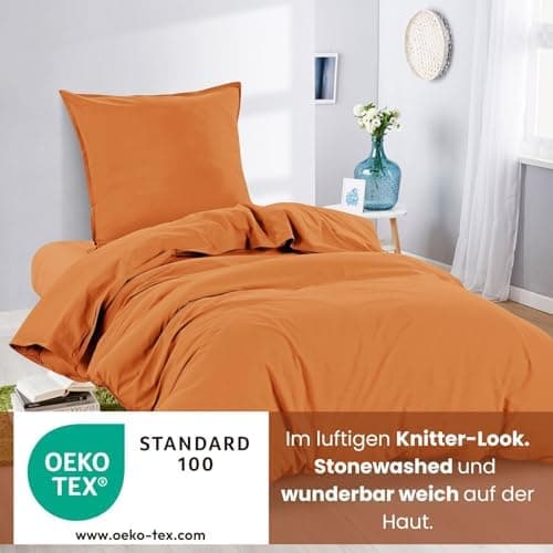 Wometo Bettwäsche Renforce Stone-Washed - Curry Gelb 100% Baumwolle OEKO-TEX Weich Modern Used-Look Leinen-Optik OEKO-TE