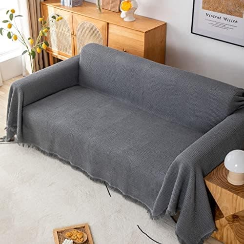 GAOWEI Premium Tagesdecke Grau - Multiwertige Sofa Cover 180x230cm - Dekorative Fransen, Groß Waffelmuster, als Bett- un