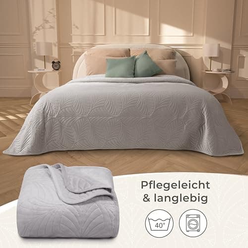 Gräfenstayn Premium Tagesdecke Anthrazit - weich, knitterfrei & pflegeleicht - Nahtlose Steppung & Blatt-Design - Bett &
