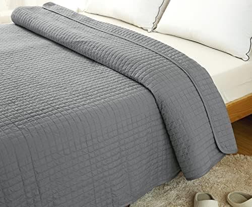 WOLTU Tagesdecke Steppdecke Doppelbett Dunkelgrau-Crème 170x210 cm 360GSM Global Recycled Standard Kariert