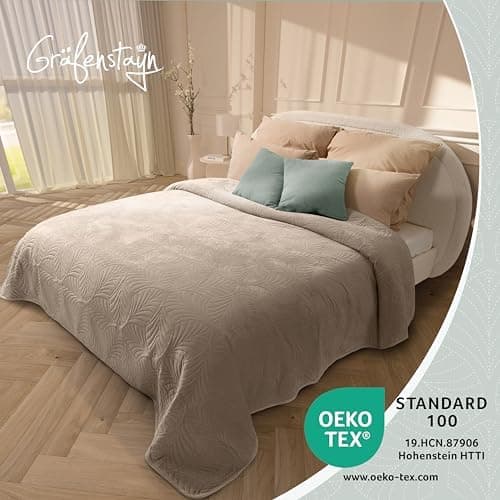 Gräfenstayn Premium Tagesdecke Anthrazit - weich, knitterfrei & pflegeleicht - Nahtlose Steppung & Blatt-Design - Bett &
