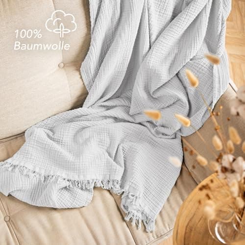 Oeko-Tex zertifizierte Musselin Tagesdecke 220x240cm Hellblau | Couch- & Sofadecke XXL | Baumwolle Qualität