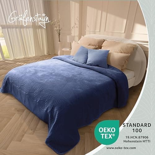 Gräfenstayn Premium Tagesdecke Anthrazit - weich, knitterfrei & pflegeleicht - Nahtlose Steppung & Blatt-Design - Bett &