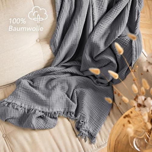 Oeko-Tex zertifizierte Musselin Tagesdecke 220x240cm Hellblau | Couch- & Sofadecke XXL | Baumwolle Qualität