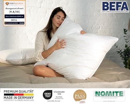 BEFA NATUR Federkissen 80x80 cm (2 Stück) | 100% Federn | Tierwohl zertifiziert | Allergiker geeignet | OEKO-TEX Klasse