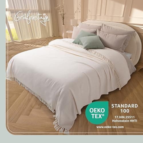 Gräfenstayn Premium Baumwolltagesdecke Creme - 100% Baumwolle - Sommerdecke - Fischgrätenmuster - Bett- und Couch-Überwu