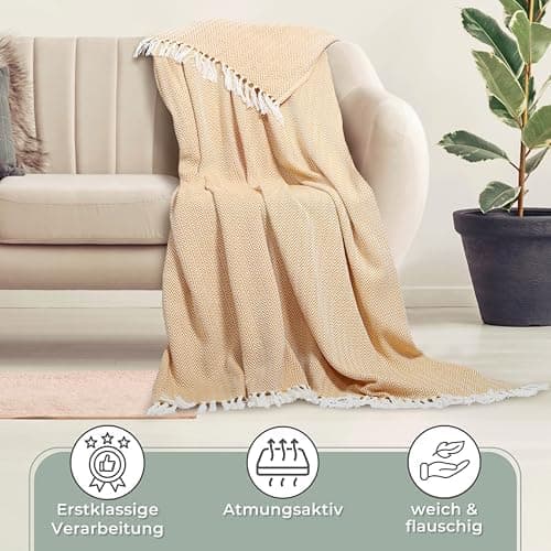 Gräfenstayn Premium Baumwolltagesdecke Creme - 100% Baumwolle - Sommerdecke - Fischgrätenmuster - Bett- und Couch-Überwu