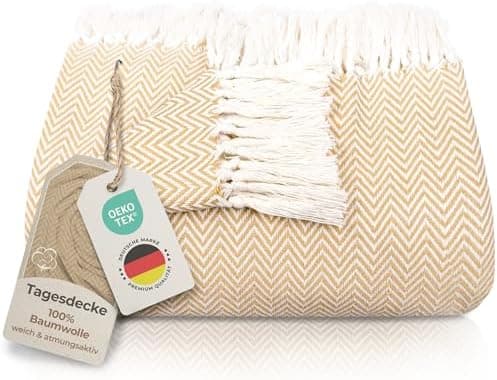 Gräfenstayn Premium Baumwolltagesdecke Creme - 100% Baumwolle - Sommerdecke - Fischgrätenmuster - Bett- und Couch-Überwu