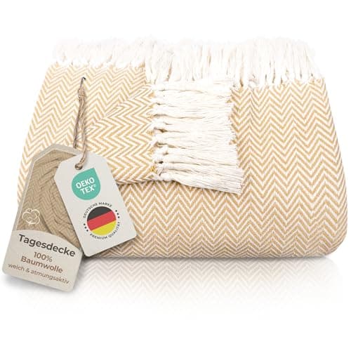Gräfenstayn Premium Baumwolltagesdecke Creme - 100% Baumwolle - Sommerdecke - Fischgrätenmuster - Bett- und Couch-Überwu