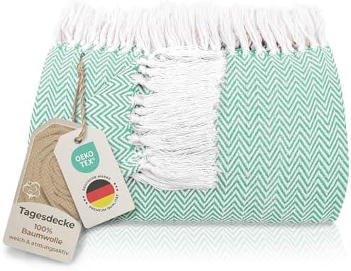Gräfenstayn Premium Baumwolltagesdecke Creme - 100% Baumwolle - Sommerdecke - Fischgrätenmuster - Bett- und Couch-Überwu