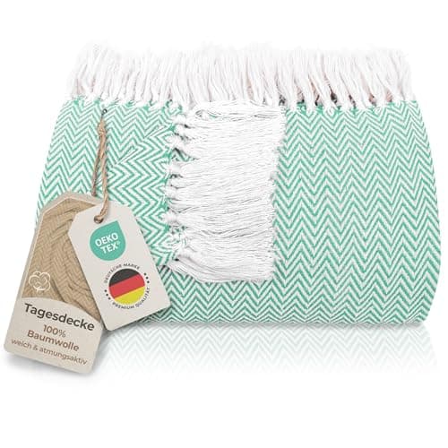 Gräfenstayn Premium Baumwolltagesdecke Creme - 100% Baumwolle - Sommerdecke - Fischgrätenmuster - Bett- und Couch-Überwu