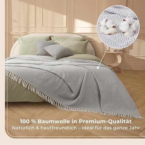 Gräfenstayn Premium Baumwolltagesdecke Creme - 100% Baumwolle - Sommerdecke - Fischgrätenmuster - Bett- und Couch-Überwu