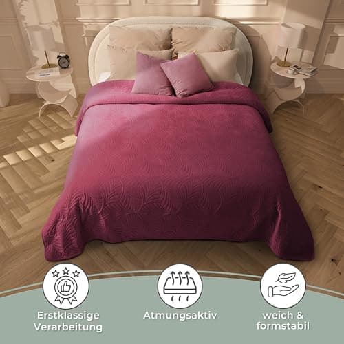 Gräfenstayn Premium Tagesdecke Anthrazit - weich, knitterfrei & pflegeleicht - Nahtlose Steppung & Blatt-Design - Bett &