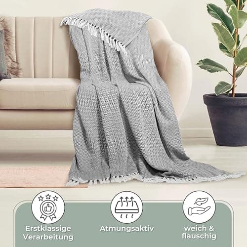 Gräfenstayn Premium Baumwolltagesdecke Creme - 100% Baumwolle - Sommerdecke - Fischgrätenmuster - Bett- und Couch-Überwu