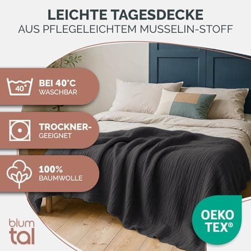 Blumtal Oeko-TEX Tagesdecke 150x200 cm - Bettüberwurf Anthrazit - Baumwolle 100% - leichte Kuscheldecke - Couch Überwurf