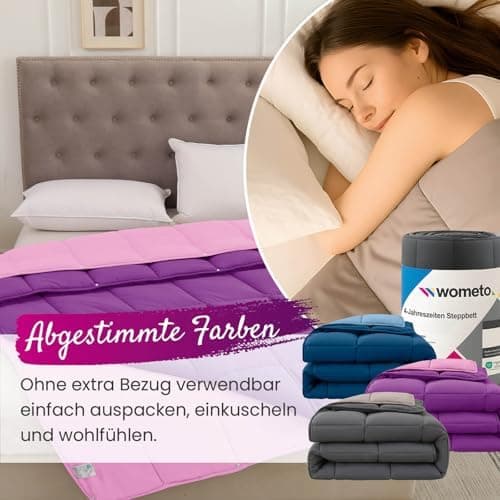 Wometo 4-Jahreszeiten Steppbett 135x200 cm - lila & pink - 2 Bettdecken, 3-in-1, warme Winterdecke + leichte Sommerdecke